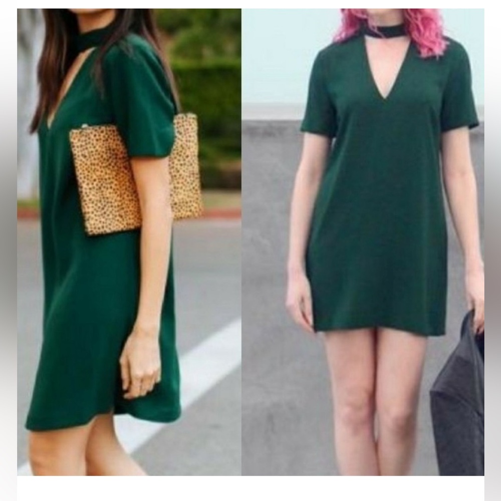 Zara Womens M Choker V Neck Plunge Shift Mini Dress Forest Green Boho Short Fun - Picture 2 of 14